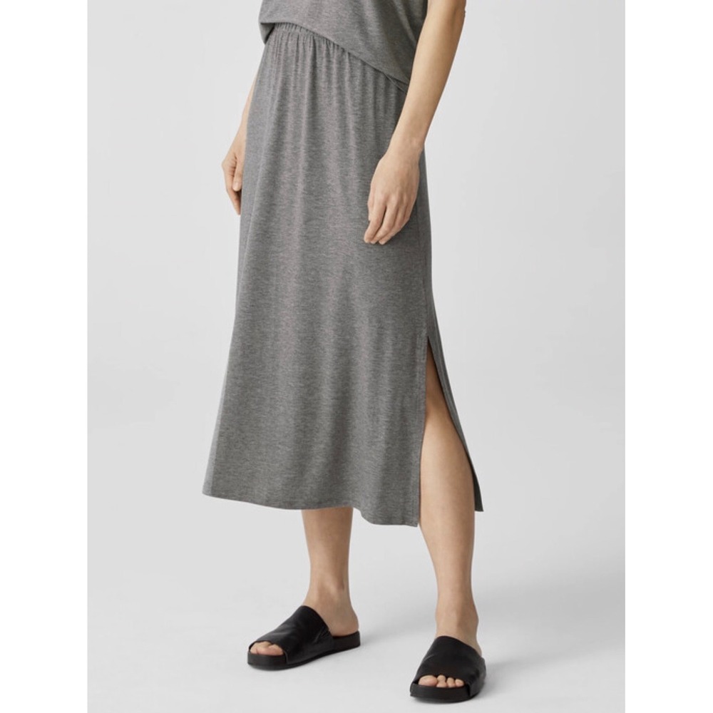 Eileen Fisher Womens XS Midi Fine Jersey Straight Skirt Heathered Gray Side Slit